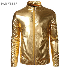 Load image into Gallery viewer, Night Club Trend Metallic Gold Jacket Men Veste Homme 2016 Fashion Stand Collar Front-Zip Lightweight Jacket Baseball Bomber