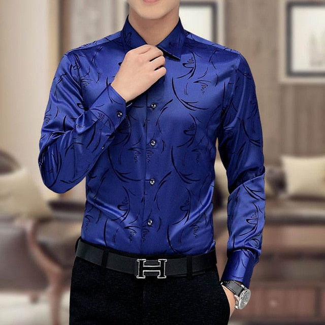 Mwxsd brand Men's printed Tuxedo Shirts Wedding Party Dress Long Sleeve Shirt Silk Tuxedo Mercerized shirt Plus Size 4xl 5XL
