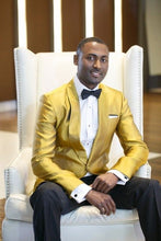 Load image into Gallery viewer, Latest Coat Pant Designs Gold Satin Shawl Lapel Men Suit Slim Fit 2 Piece Groom Tuxedo Custom Stylish Prom Suits Terno Masculino