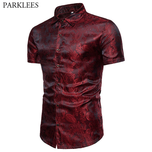 Mens Hipster Paisley Floral Printed Slim Fit Silk Shirt Summer Brand Golden Foil Design Short Sleeve Dress Shirts Chemise Homme