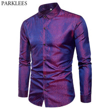Load image into Gallery viewer, Silk Satin Shirt Men 2018 Brand New Smooth Tuxedo Shirt Shiny Gold Dot Print Wedding Dress Shirts Casual Slim Fit Purple Shirt