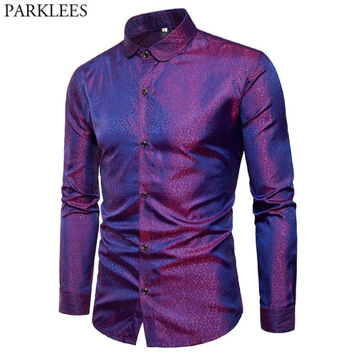 Silk Satin Shirt Men 2018 Brand New Smooth Tuxedo Shirt Shiny Gold Dot Print Wedding Dress Shirts Casual Slim Fit Purple Shirt