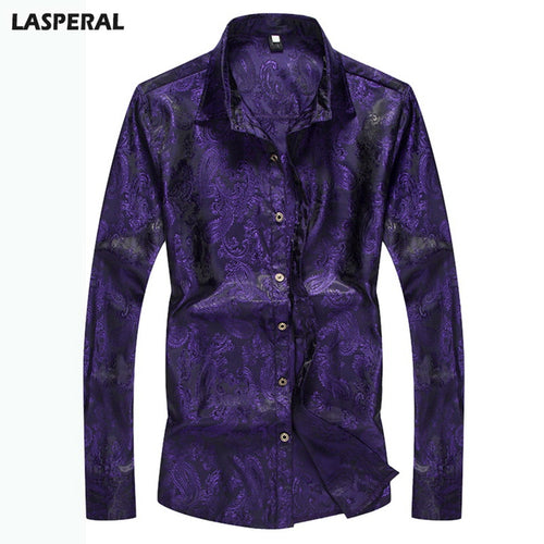 LASPERAL Casual Long Sleeve Men Shirts 2018 Fashion Flower Print Slim Fit Dress Shirts Bright Silk Slim Fit Male Shirts Tops