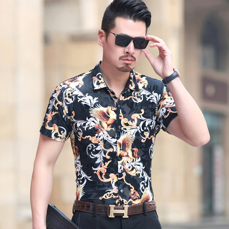KUYOMENS Personalized fashion printing business casual short sleeve shirt Summer men soft breathable hollow ice silk quality