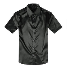 Load image into Gallery viewer, Men Tuxedo Dress Shirts Smooth Silk Solid Color Short Sleeve Summer Male Tee Tops Loose Fit Turn-Down Collar Button Down Summer