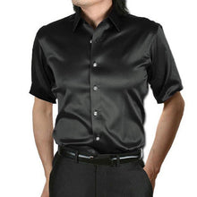 Load image into Gallery viewer, Men Tuxedo Dress Shirts Smooth Silk Solid Color Short Sleeve Summer Male Tee Tops Loose Fit Turn-Down Collar Button Down Summer