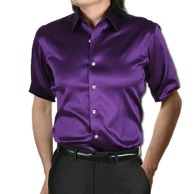 Men Tuxedo Dress Shirts Smooth Silk Solid Color Short Sleeve Summer Male Tee Tops Loose Fit Turn-Down Collar Button Down Summer