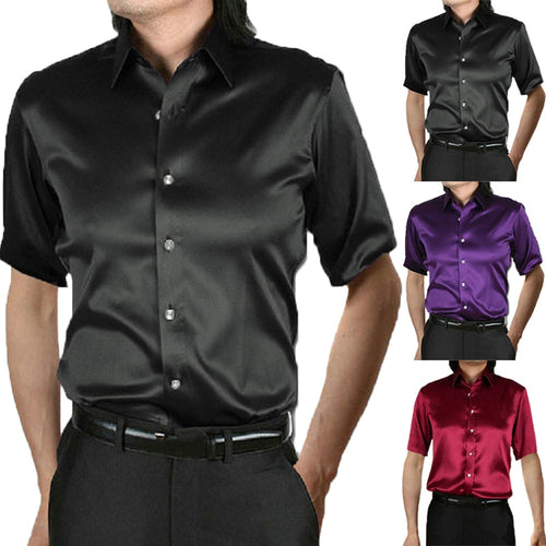 Mens Silk Shirt Short Sleeve Turn Down Collar Solid Slim Fit Dress Shirts Men 2018 Tops Business Stylish Camisa Masculina M-3XL