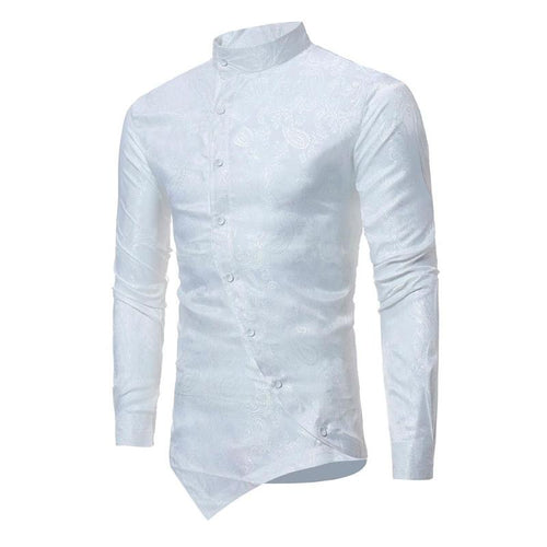 2018 Men Irregular Shirts Mandarin Collar China Chic Hem Long Sleeve Silk Embroidery Floral Casual Button-Down Shirt