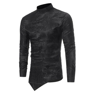 2018 Men Irregular Shirts Mandarin Collar China Chic Hem Long Sleeve Silk Embroidery Floral Casual Button-Down Shirt