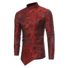 Load image into Gallery viewer, 2018 Men Irregular Shirts Mandarin Collar China Chic Hem Long Sleeve Silk Embroidery Floral Casual Button-Down Shirt
