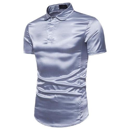 Summer Men Shirt Short Sleeve Shine Solid Color Nightclub Turn Down Collar Tee Tops Pure Color Silk Cotton Men Tops PLUS SIZE
