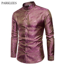 Load image into Gallery viewer, Silk Cotton Floral Shirt Men 2018 Brand New Stand Collar Men&#39;s Night Club Dress Shirts Casual Slim Fit Long Sleeve Tuxedo Shirts
