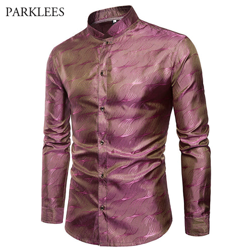 Silk Cotton Floral Shirt Men 2018 Brand New Stand Collar Men's Night Club Dress Shirts Casual Slim Fit Long Sleeve Tuxedo Shirts