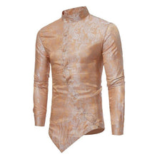 Load image into Gallery viewer, 2018 Men Irregular Shirts Mandarin Collar China Chic Hem Long Sleeve Silk Embroidery Floral Casual Button-Down Shirt