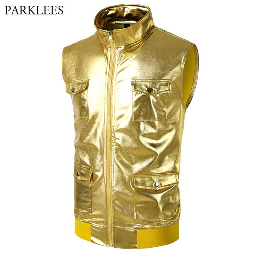 Stand Collar Sleeveless Tank Top Men Slim Fit 4 Pocket Zipper Mens Tank Tops Shiny Gold Metallic Night Club Party Vest Top Tees
