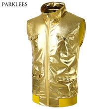 Load image into Gallery viewer, Stand Collar Sleeveless Tank Top Men Slim Fit 4 Pocket Zipper Mens Tank Tops Shiny Gold Metallic Night Club Party Vest Top Tees