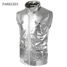 Load image into Gallery viewer, Stand Collar Sleeveless Tank Top Men Slim Fit 4 Pocket Zipper Mens Tank Tops Shiny Gold Metallic Night Club Party Vest Top Tees