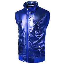 Load image into Gallery viewer, Stand Collar Sleeveless Tank Top Men Slim Fit 4 Pocket Zipper Mens Tank Tops Shiny Gold Metallic Night Club Party Vest Top Tees