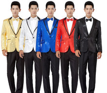 Load image into Gallery viewer, 2017 Latest Coat Pant Designs Blue Gold Men Suit Slim Fit 2 Piece Sequins Tuxedo Prom Stage Custom Groom Blazer Terno Masculino