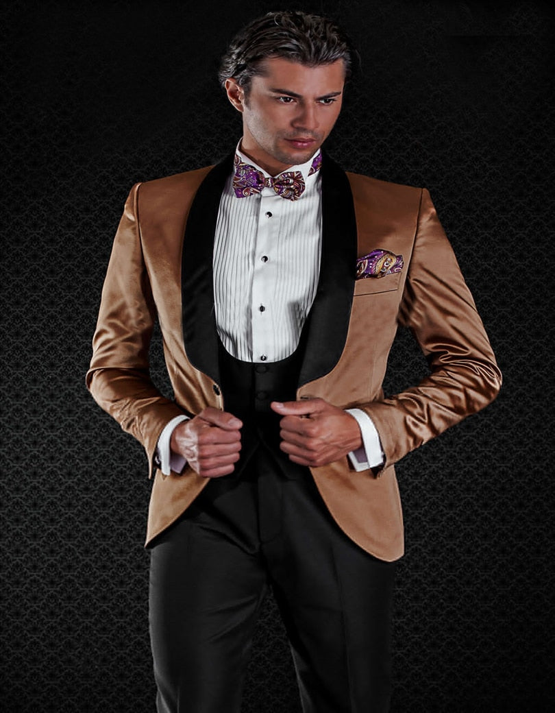 Latest Coat Pant Designs Gold Satin Shawl Lapel Men Suit Slim Fit 3 Piece Skinny Tuxedo Custom Stylish Suits Terno Masculino S45