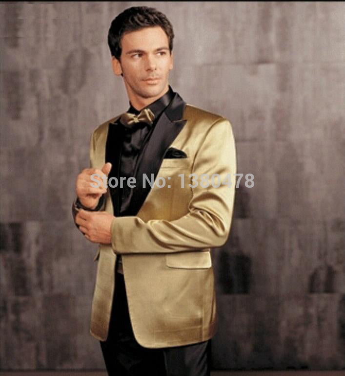 2016 Gold Jacket Black Pants Groom Tuxedos Best man Peak Lapel Groomsman Men Wedding Suits Bridegroom (Jacket+Pants+Tie+Girdle)
