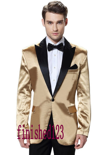 High Quality One Button Gold Jacket Groom Tuxedos Groomsmen Mens Wedding Suits Prom Bridegroom (Jacket+Pants+Tie) NO:385