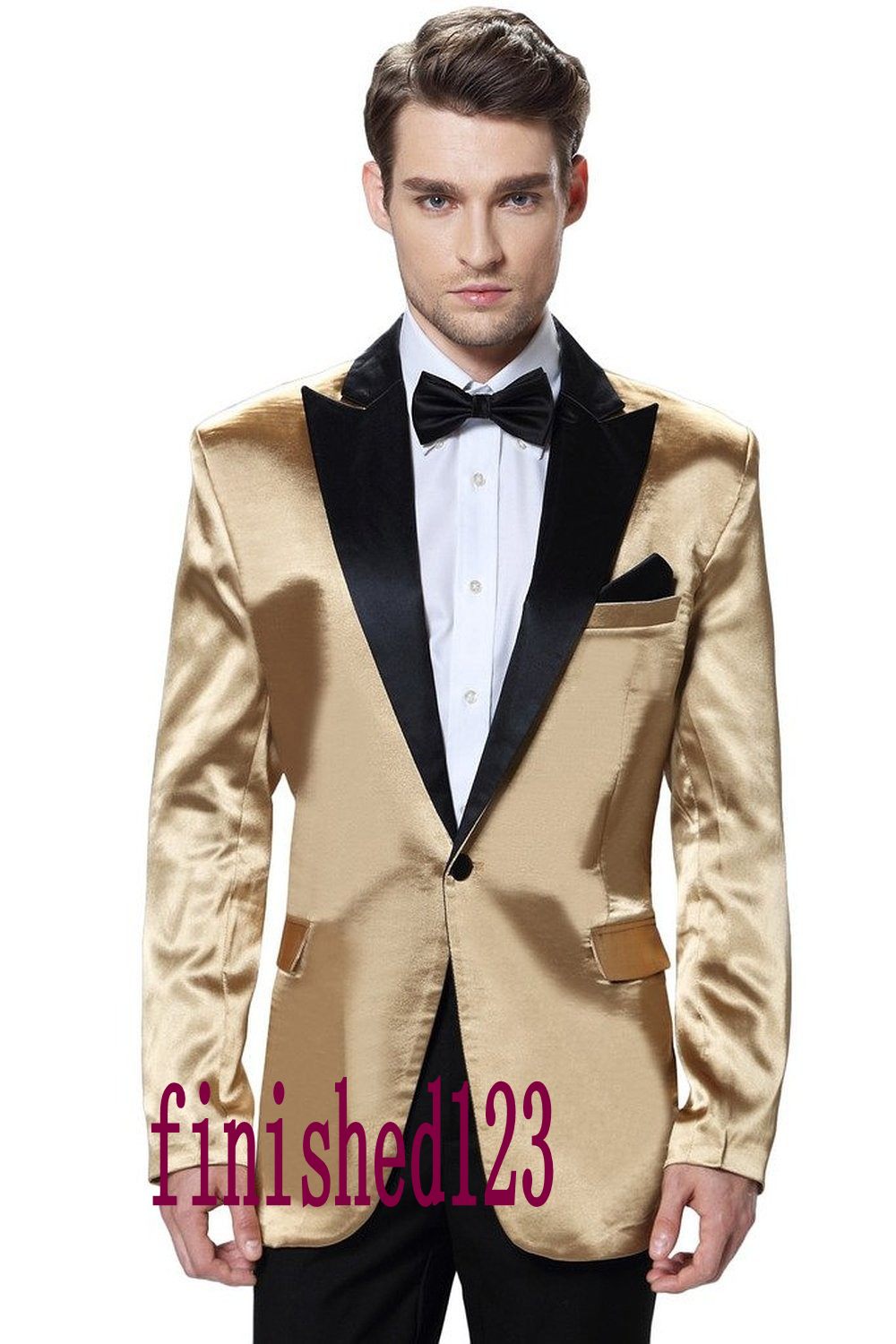 High Quality One Button Gold Jacket Groom Tuxedos Groomsmen Mens Wedding Suits Prom Bridegroom (Jacket+Pants+Tie) NO:385
