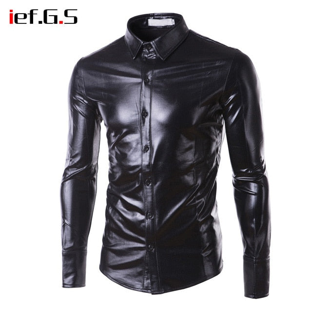 IEF.G.S Men Glossy Shirt Casual Slim Fit Long Sleeve Gold Shiny Silver Streetwear Camisa Hombre Men Clothes 2018 Floral Shirt