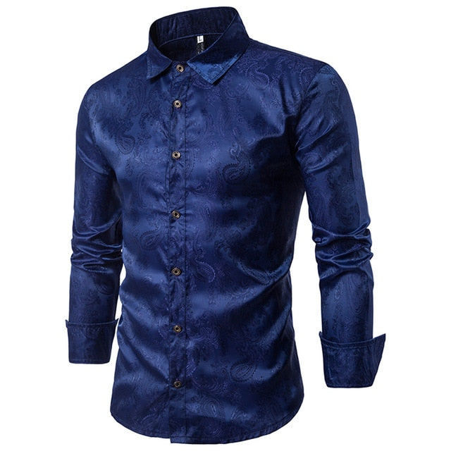 Gold Elegant Shirt Casual Men Party Clothing Blusa Fitness New Arrival Holiday Tops 2018 New Arrival Blouse Floral Male Shirts