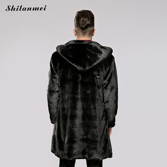 4XL Winter Warm Fur Long Jackets Mans Hoodies Outerwear chamarra hombre plain dyed Faux Fur hoody outcoat for male fashion coat