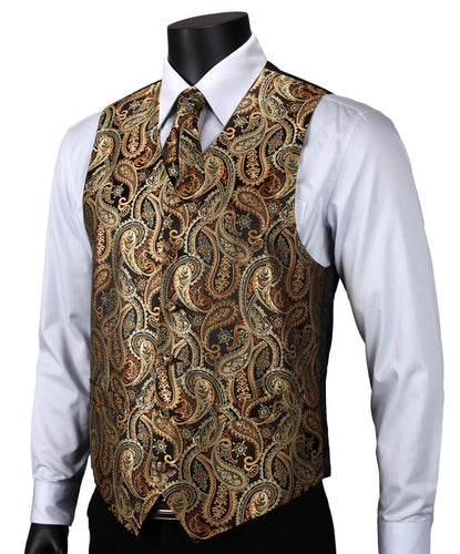 VE14 Gold Brown Paisley Top Design Wedding Men 100% Silk Waistcoat Vest Pocket Square Cufflinks Cravat Set for Suit Tuxedo