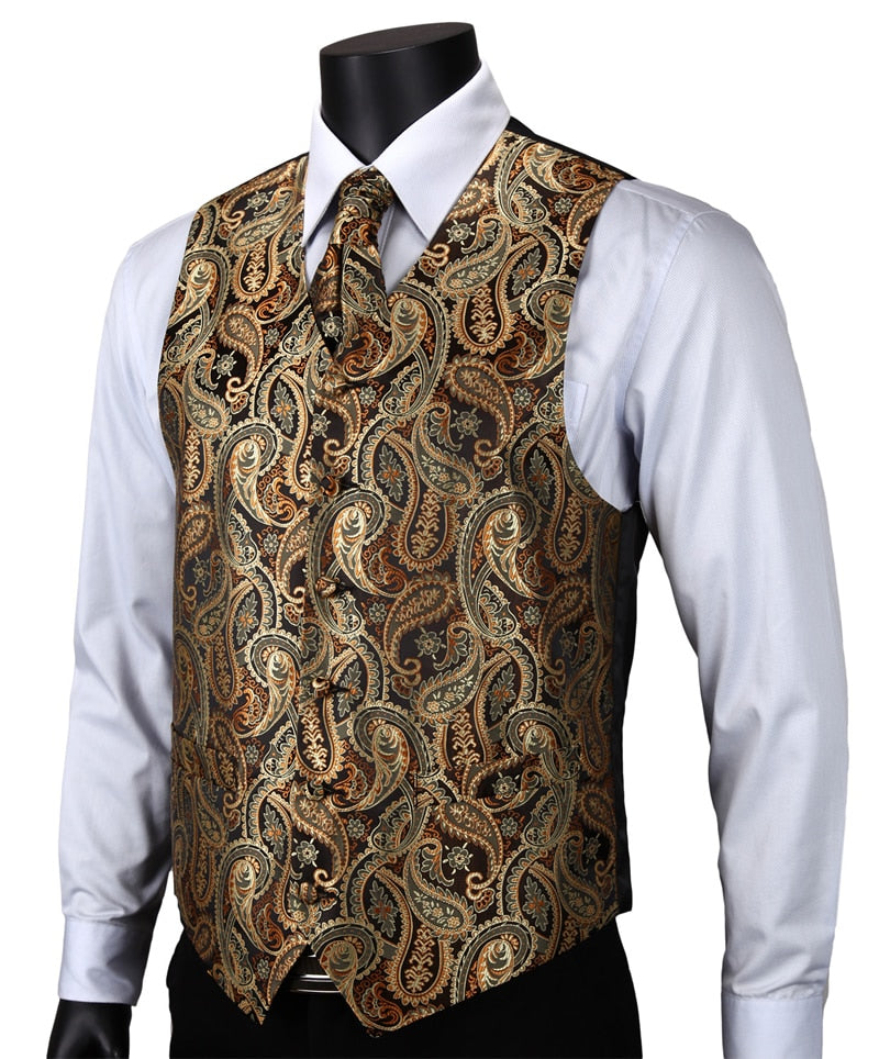 VE14 Gold Brown Paisley Top Design Wedding Men 100% Silk Waistcoat Vest Pocket Square Cufflinks Cravat Set for Suit Tuxedo
